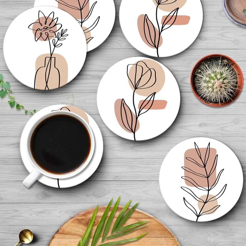 Table Coaster for Drinks Set of 6, Flowers Beauty Woman Boho One Coffee Absorben